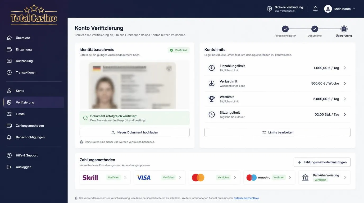 Geschützter Verifizierungsbereich mit Ausweisupload, Kontolimits und sicheren Zahlungsmethoden