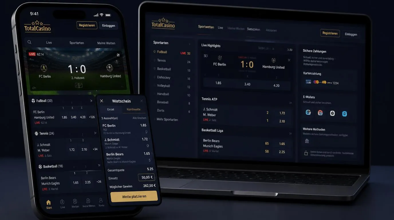Sportwetten-Oberfläche mit Live-Quoten für Fußball, Tennis und Basketball auf einem Smartphone