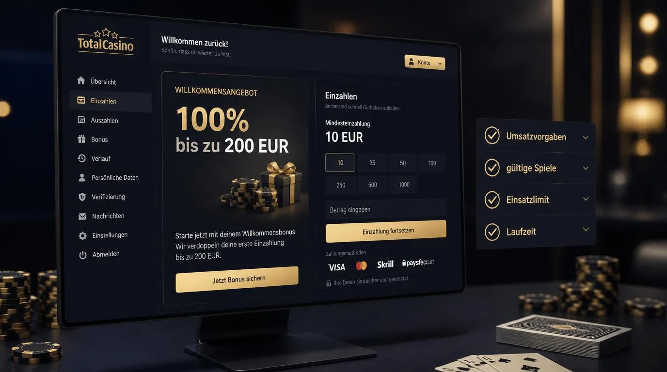 Willkommensbonus mit 100 Prozent bis 200 EUR und Mindesteinzahlung von 10 EUR im Casino-Konto