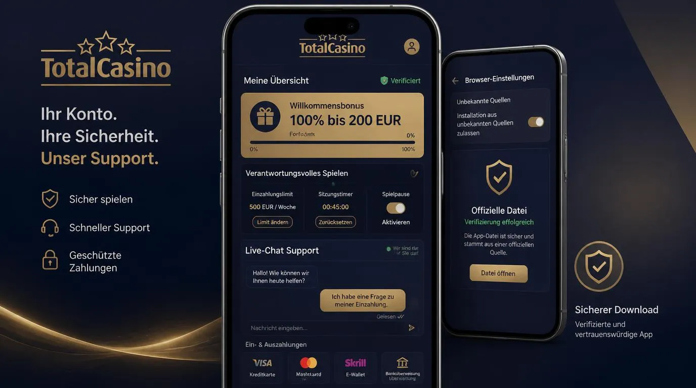 Smartphone mit Casino-Konto, Bonusstatus, Limit-Einstellungen und geöffnetem Live-Chat