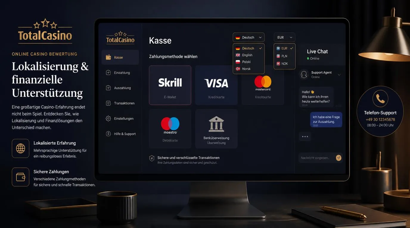 Casino-Kasse mit Sprachwahl, EUR-Währung, Karten, Skrill und aktivem Live-Chat-Support