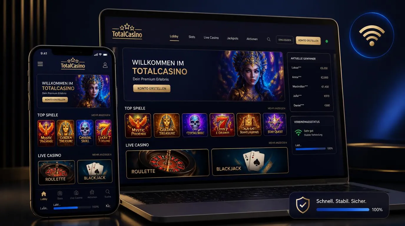 Mobiles Casino-Interface mit Slots und Tischspielen auf Smartphone und Laptop bei stabiler Verbindung