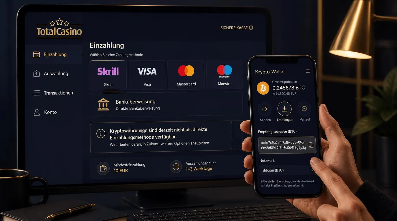 Prüfung von Wallet-Adresse und Blockchain-Netzwerk vor einer Kryptoeinzahlung im Casino