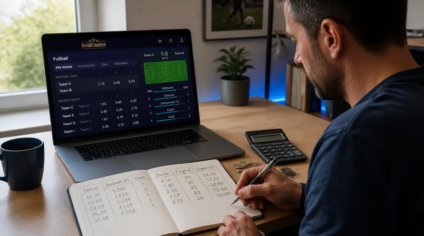 Sportwetter prüft Wettbudget, Einsatzplan und Quoten auf Laptop und Notizblock