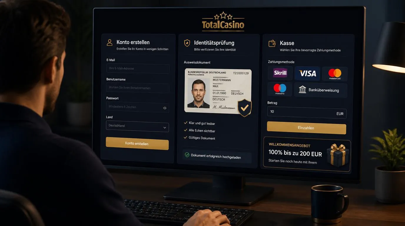 Casino-Registrierung mit Identitätsprüfung und Auswahl von Zahlungsmethoden in der Kasse