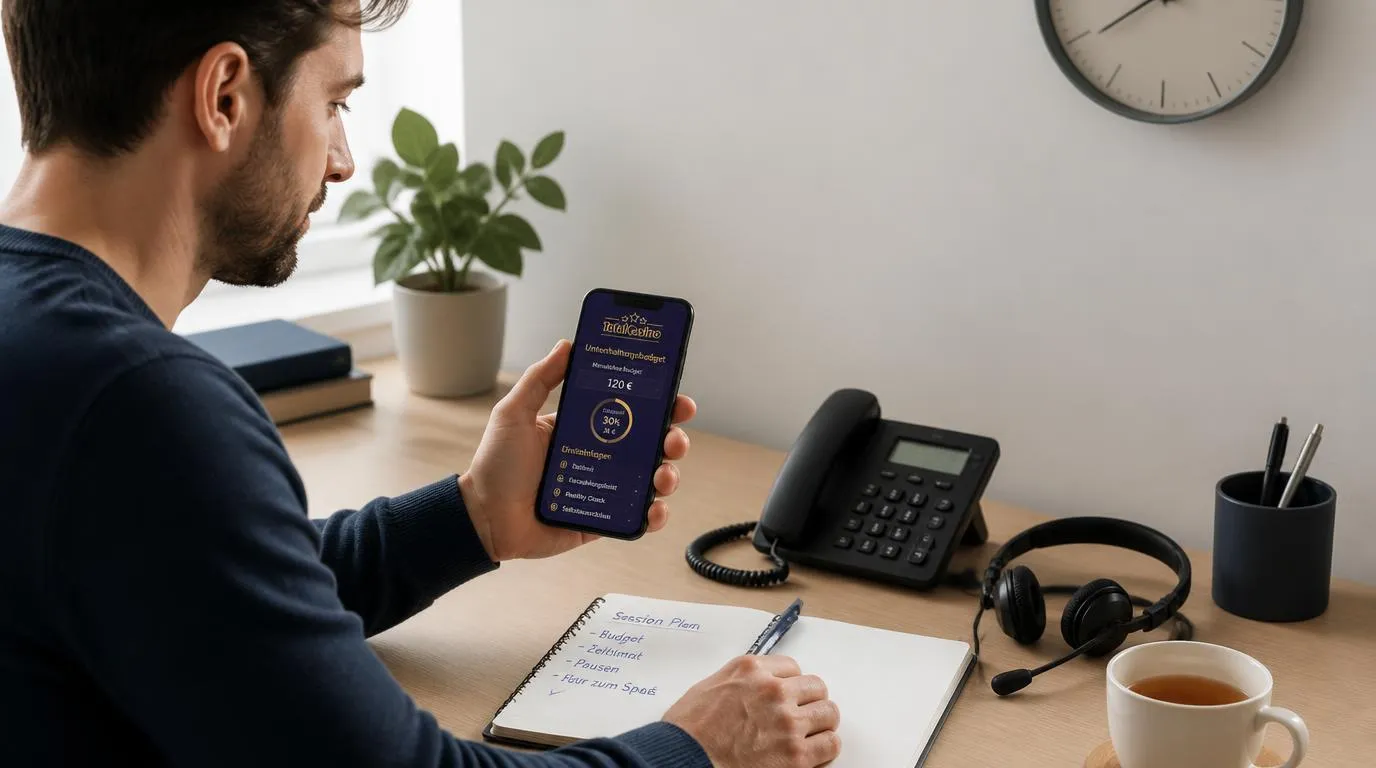 Spieler überprüft auf einem Smartphone sein Budget und nutzt telefonischen Support für bewusstes Spielen