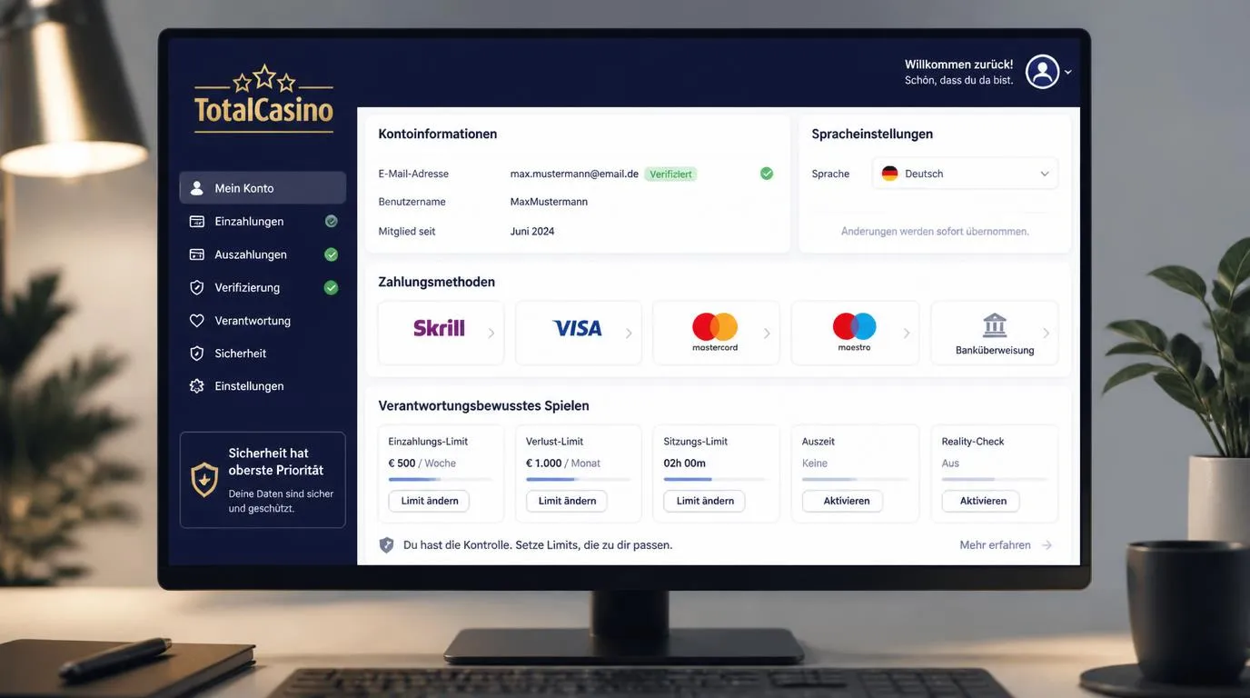 Registrierungsbereich eines Online-Casinos mit Sprachwahl, Zahlungsarten und Kontoschutz-Einstellungen