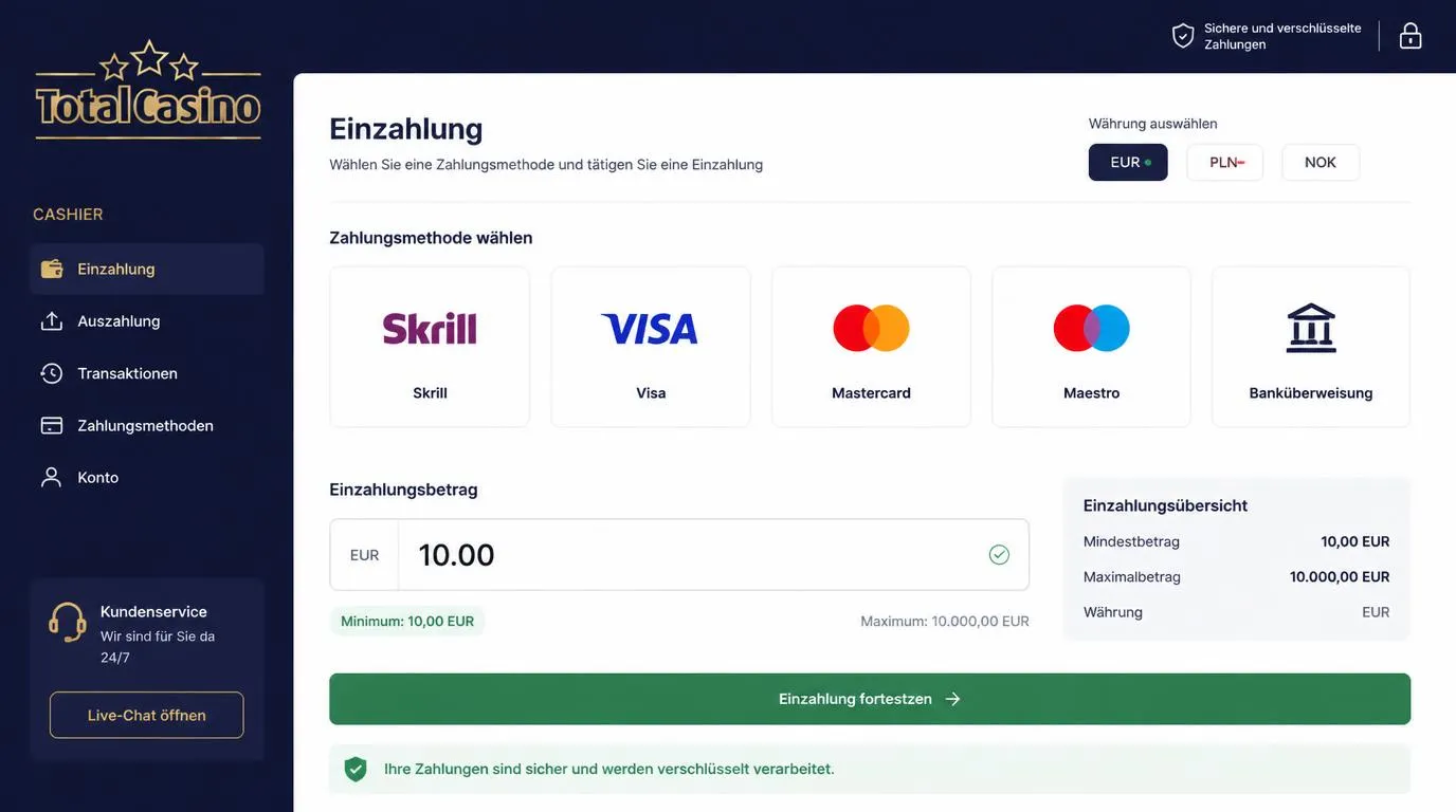 Kassenansicht mit Zahlungsmethoden, Mindestbetrag von 10 EUR und angezeigten Einzahlungslimits